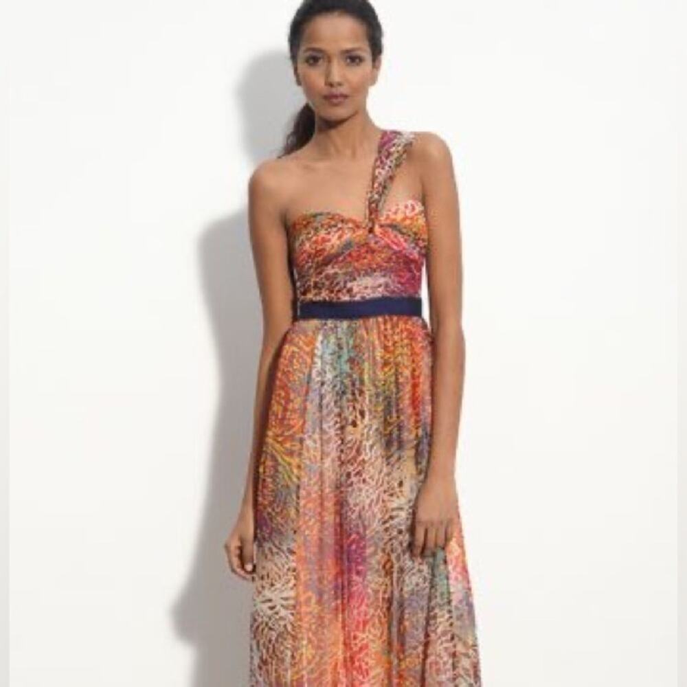 BCBGMaxAzria Begonia one shoulder multi inga maxi dress size 8